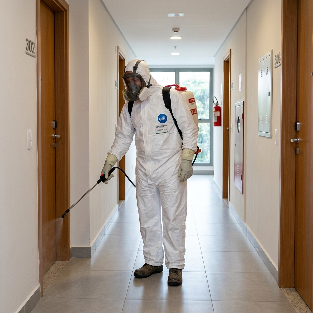 Técnico realizando desinsetização profissional em condomínio